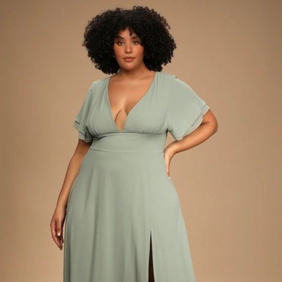 SOLD NWT Lulus Promise Of Love Sage Brush Flutter Sleeve Maxi Dress Size 2X - Picture 8 of 16